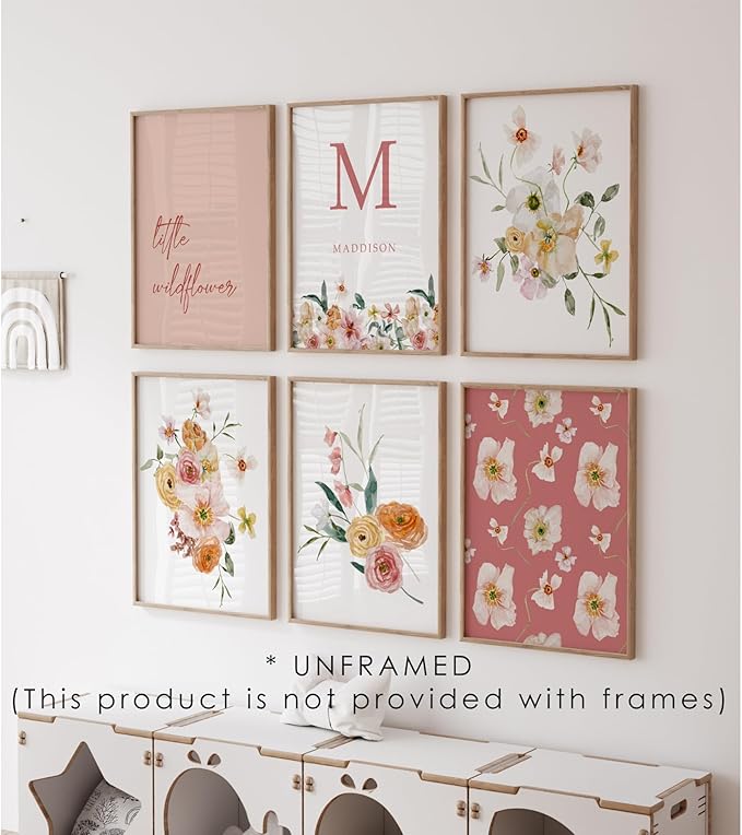 Personalized Name Flower Nursery Wall Art Prints, Crib & Nursery décor, Newborn Baby Girl Gift Present, Floral Baby Girl Room Pictures, Poster For Baby And Kids (6 Prints, Flower 8)