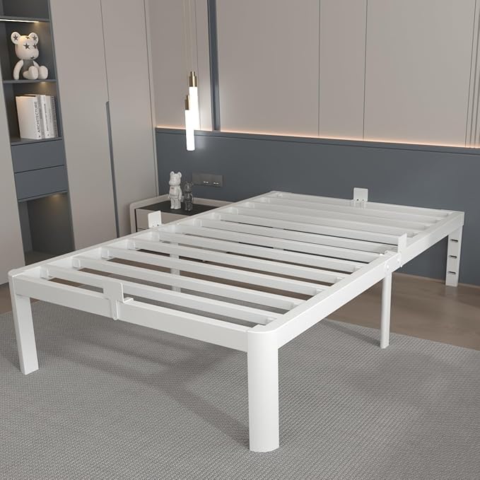 14 Inch Twin Bed Frames, White Bed Frame Twin Size with Metal Baffles, No Box Spring Needed, Heavy Duty Steel Platform Supprt, Rounded Corner Design, Reserved Holes, Noise Free, Storage Space