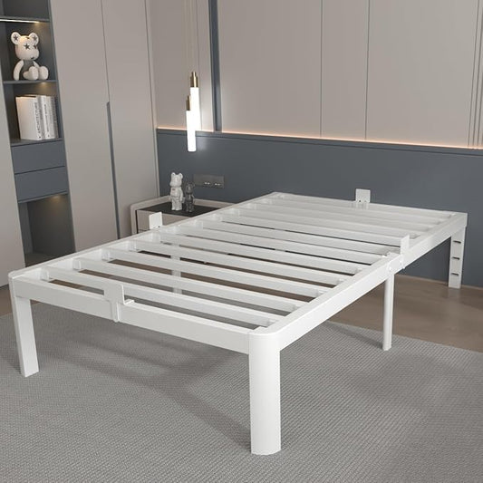 14 Inch Twin Bed Frames, White Bed Frame Twin Size with Metal Baffles, No Box Spring Needed, Heavy Duty Steel Platform Supprt, Rounded Corner Design, Reserved Holes, Noise Free, Storage Space