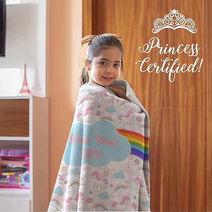 Personalized Rainbow Unicorn Throw Blanket for Girls and Boys with Custom Name, Cute Soft Bedding for Nursery Room or Tummy Play, Warm and Plush (Fleece 50x60)