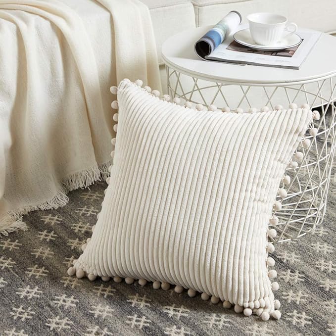 Fancy Homi Pack of 2 Corduroy Soft Decorative Throw Pillow Covers with Pom-poms, Euro Solid Square Cushion Case Pillow Cases Set for Couch Sofa Bedroom Car Living Room (26x26 Inch/66x66 cm, Cream)