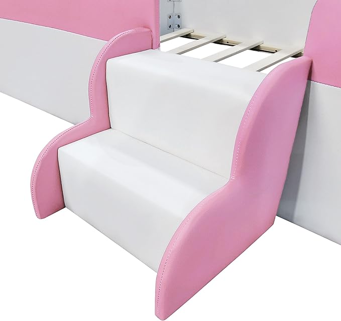 Twin Size Upholstered Daybed Frame with Fence and Stairs, Montessori Kids Floor Bed with Sturdy Slat Support for Kids Boys Girls