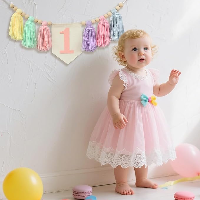 Boho Macaron Handmade 1st Birthday High Chair Banner First Highchair Banner For Baby Girls Wood Bead Tassel Garland 1 Birthday Party Decorations Princess Photoshoot Props Photo Props