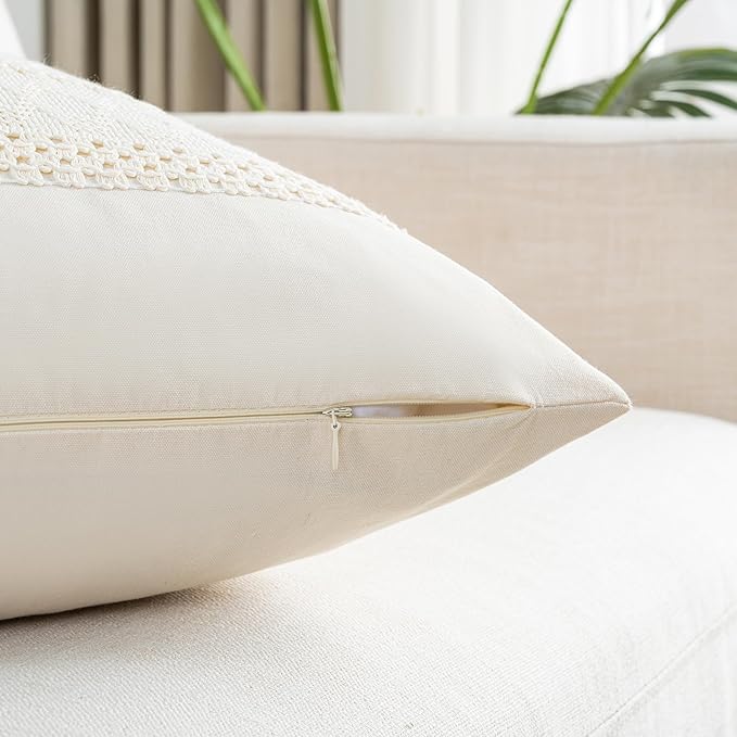 Fancy Homi Set of 2 Boho Cream Decorative Throw Pillow Cover 18x18 Inch for Couch Bed Sofa, Aesthetic Modern Organic Farmhouse Home Decor, Soft Cotton Cute Accent Macrame Woven Cushion Case