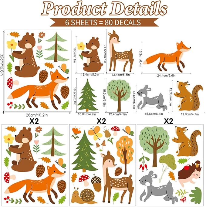 Woodland Forest Animals Wall Stickers – 80 Pcs Cute Deer, Fox, Bear & Tree Vinyl Decals, Removable Waterproof Nursery Wall Art Decor | A Simple Peel Creates a Cozy Nature Retreat (6 Sheets)