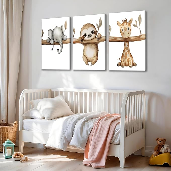 3Pcs Nursery Animal Canvas Wall Art Safari Nursery Poster Prints Jungle Kids Painting Cute Animal Elephant Sloth Giraffe Artwork Picture Wall Decor for Boys Room Girls Room 12x16in Framed