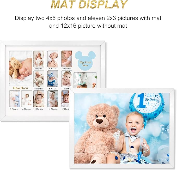 My First Year Photo Frame 12x16, Baby's First Twelve Months 4x6 and 2x3 Wallet Pictures Milestone Board Keepsake, as New Mom Baby Newborn Gift, White