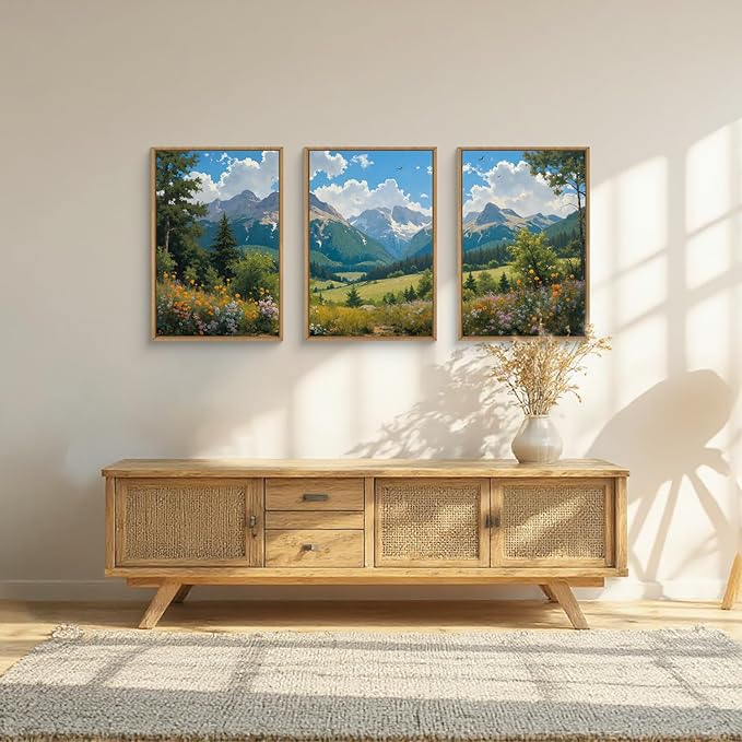 HLNIUC Green Forest Mountain Landscape 3 Piece Wall Art Framed, Colorful Wildflower Nature Wall Decor(24x36), Blue Sky White Cloud Canvas Painting, Woodland Tree Print for Living Room, Bedroom, Office