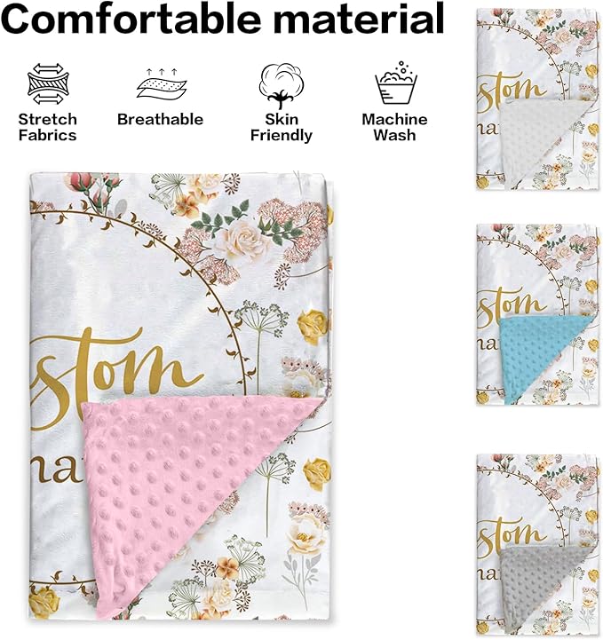 Personalized Baby Blankets for Girls, Custom Name Baby Blanket with Pink Flowers Design, Soft Receiving Blanket for Newborns and Toddlers, Ideal for Baby Showers and Nursery Decor