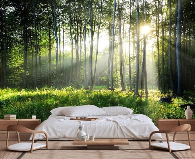 Sunshine in The Woods Mural, Large Jungle Mural, Suitable for Decorating Bedroom, Living Room, Bath Room Background Wall(Non-self-Adhesive)