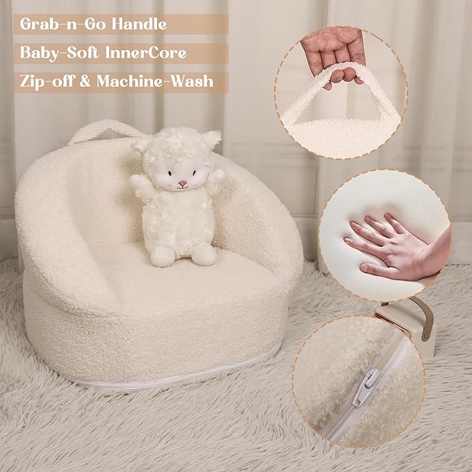 Mini Plush Teddy Bear Kids Sofa Chair - 17.3'' Compact Portable Toddler Chair with Carry Handle, Washable Cover, Safe Sturdy Design - Suitable for Boys and Girls - White