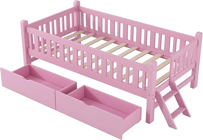 Twin Size Platform Bed with Guardrail and 2 Drawers, Wood Kids Platform Bed Frame with Two-Step Ladder for Boys Girls, Sturdy Slats Support (Pink-1.26)