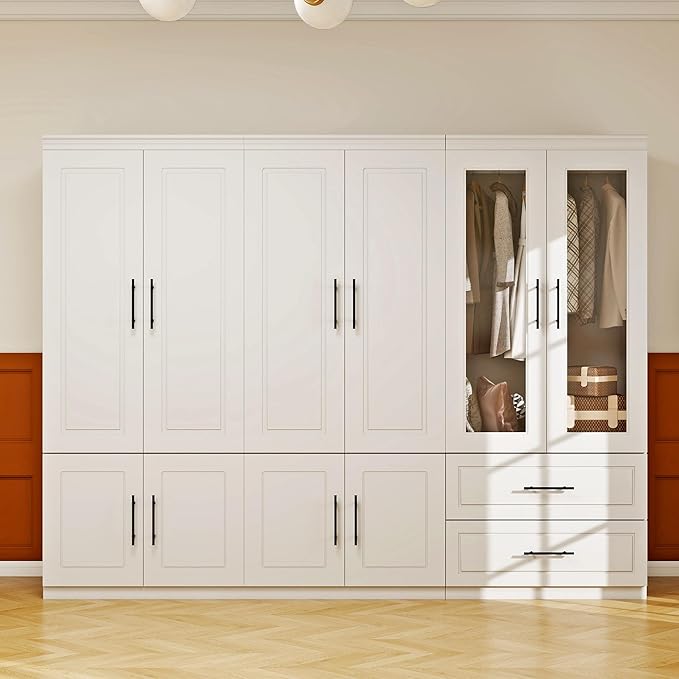 Armoire Wardrobe Closet with Glass Door: White 6 Door Wood Wardrobe Closet Combination Wooden Bedroom Armoire 2 Drawer with Hanging Rods for Home/Bedroom/Living Room