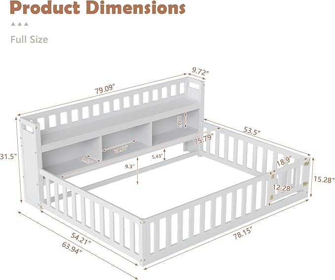 mikibama Full Size Floor Bed with Side Bookcase and Shelves, Montessori Floor Bed with Guardrails for Bedroom, Wood Full Floor Bed Frame with Storage for Girls, Boys, White