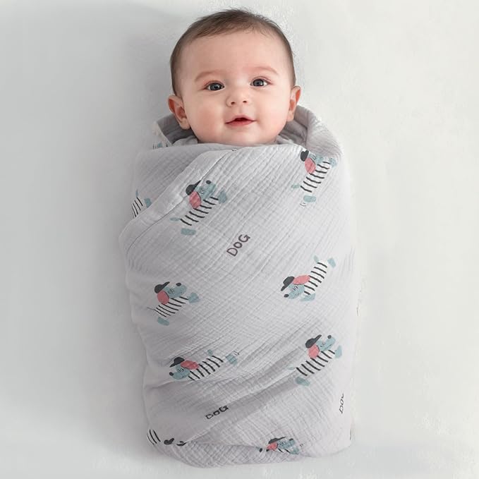 NTBAY 4 Layer Muslin Cotton Toddler Blanket, 42x60 Soft and Breathable Receiving for Newborns and Infants, Perfect for Crib, Stroller, Travel, Lightweight Nursery Blanket, Striped Dog