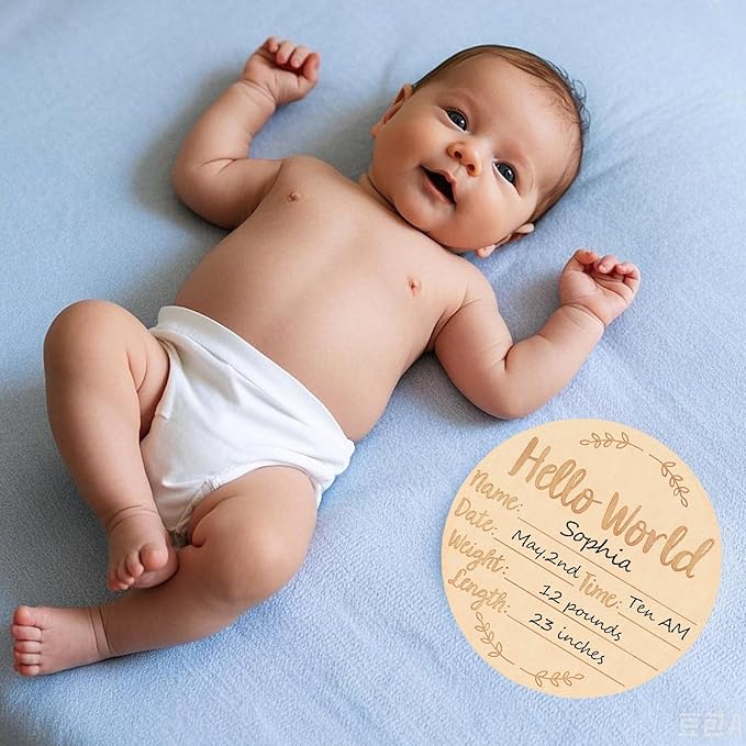 Wooden Baby Announcement Sign, 5.9Inches Hello World Newborn Signs, Double Sided Birth Announcement Sign, Lovely Babies Name Plaques for Photo Prop Ba-by Shower Hospital Nursery Gift.