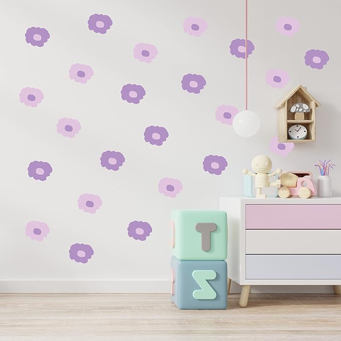 Decalcomania Purple Flower Wall Decals by Robin Zingone - Set of 36 Danish Pastel Floral Wall Stickers for Living Room Nursery Bedroom Bathroom Decor Removable Peel and Stick Indoor Wall Decor