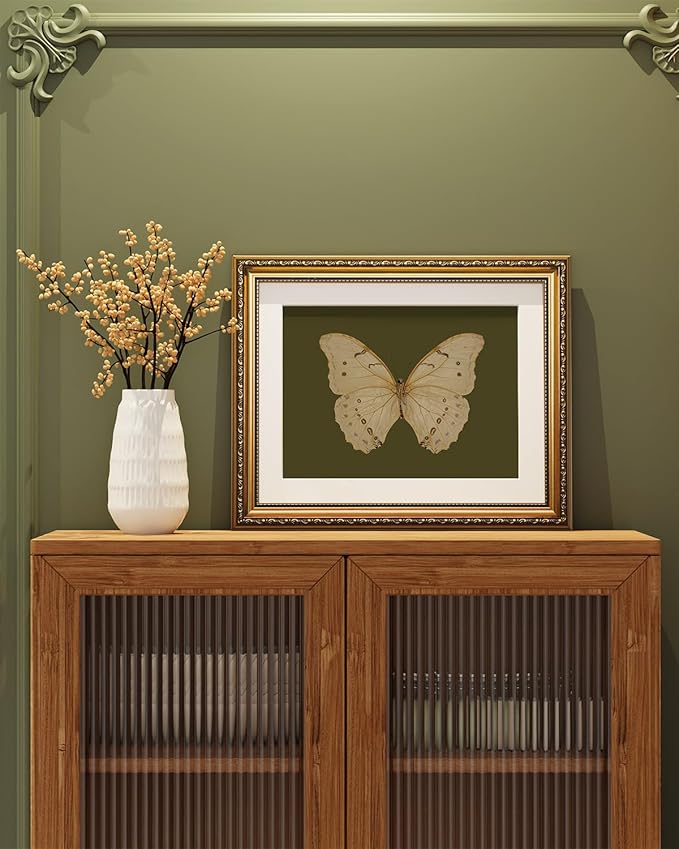 ARPEOTCY Vintage Gold Framed Wall Art, 13x16 inch Classical White Butterfly Paintings, Dark Moody Green Canvas Prints Artwork with Antique Picture Frame, Victorian Wall Decor for Gallery Living Room