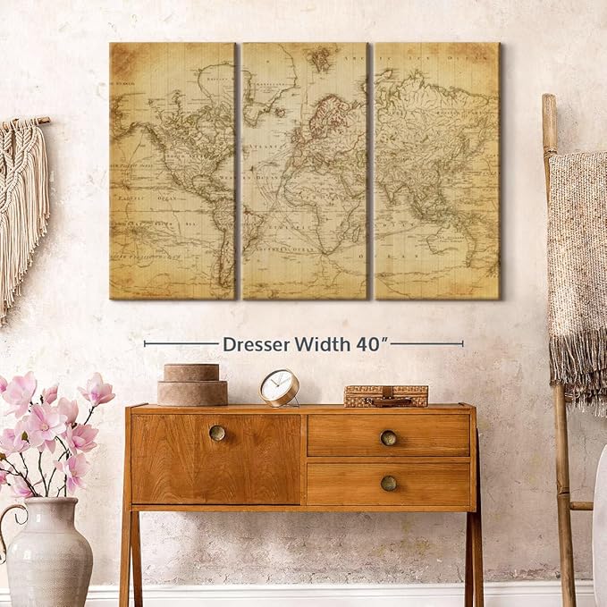 ElephantStock Old Century World Map Wall Art Multi Piece Canvas - 3 Piece Canvas World Map Wall Decor - Ready-to-Hang Print - Vintage Wall Art - 50" X 32"