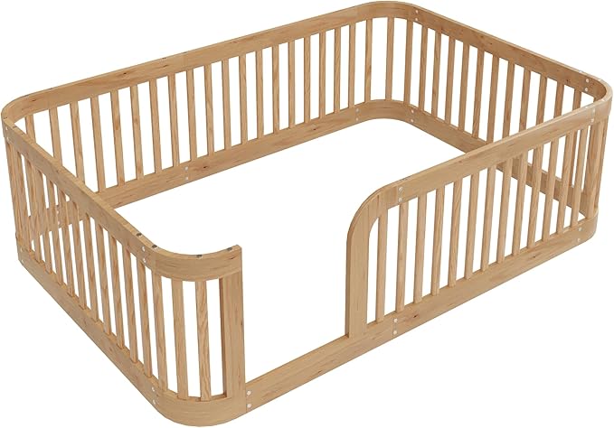 Full Size Floor Bed with Fence for Boys Girls, Solid Wood Natural Bed Frame, Natural