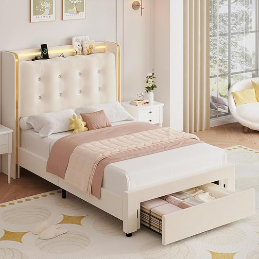 HITHOS Upholstered Twin Led Bed Frame with Charging Station and Storage Drawer, Velvet Princess Platform Bed Frames with Crystal-Button Tufted Headboard for Girls | Kids, No Box Spring Need, Beige