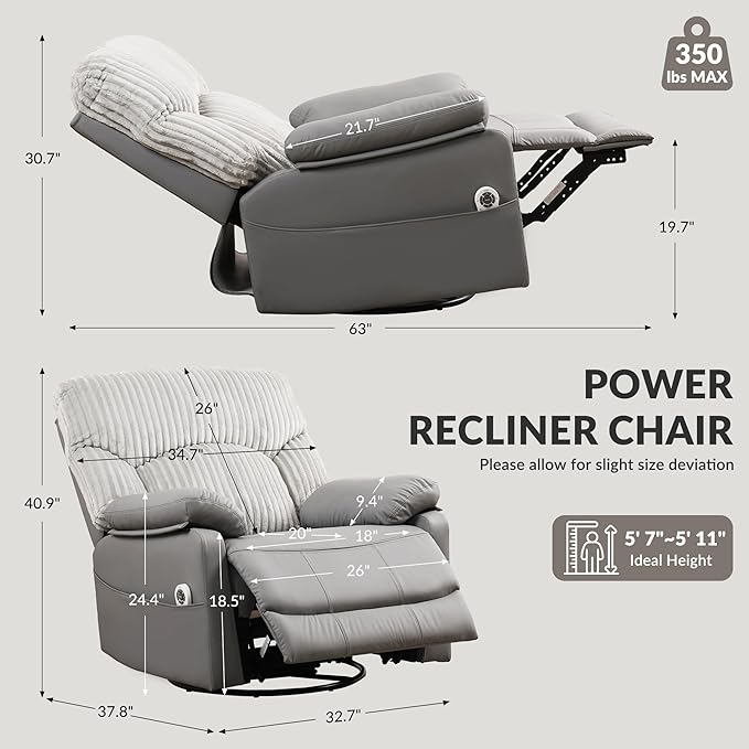 GRAINELL Swivel Rocker Recliner Chair with Massage and Heat, USB Charging Port, Infinite Position Power Recliner, Electric Glider Rocking Chairs for Living Room, Nursery (Grey)