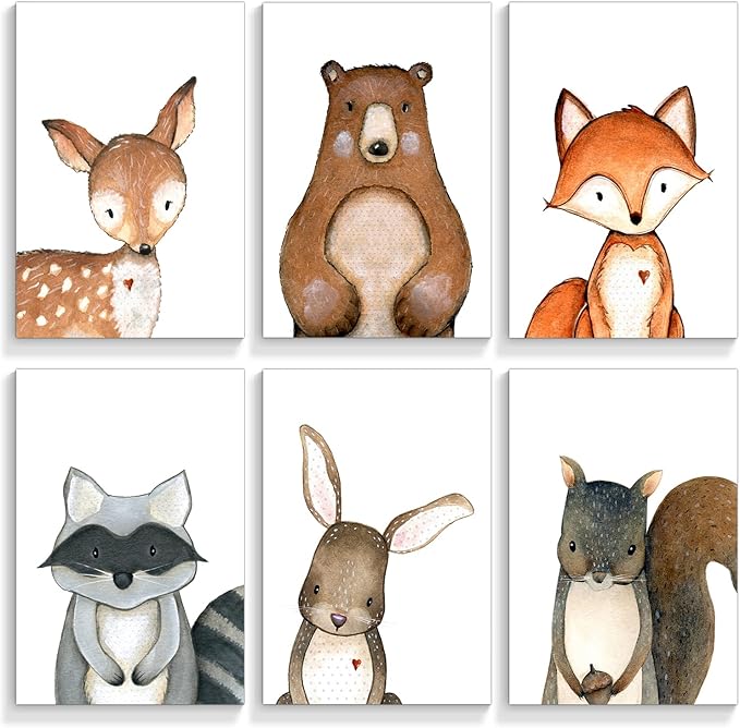 gooptyinh 6 Pieces Woodland Animals Nursery Canvas Wall Art Cute Safari Jungle Animal Deer Bear Bunny Pictures Room Posters Farmhouse Forest Theme Fox Squirrel Raccoon Prints Decor 8x10in Unframed