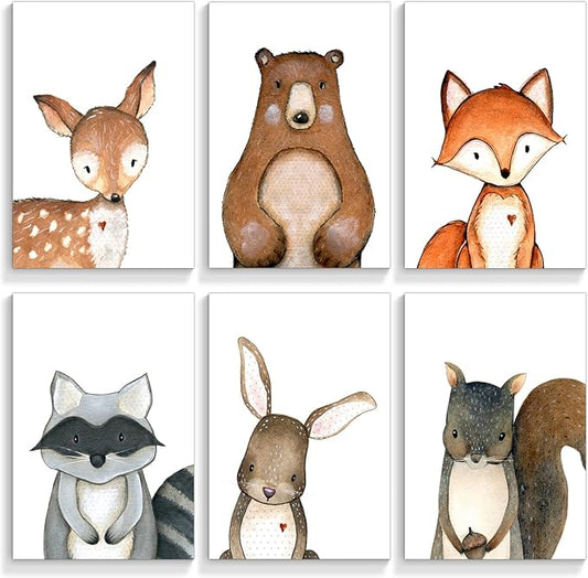 gooptyinh 6 Pieces Woodland Animals Nursery Canvas Wall Art Cute Safari Jungle Animal Deer Bear Bunny Pictures Room Posters Farmhouse Forest Theme Fox Squirrel Raccoon Prints Decor 8x10in Unframed