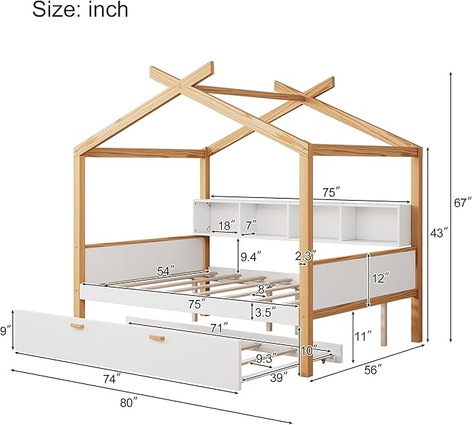 Full Size Wooden House Bed with Twin Size Trundle and Bookshelf Storage Space, Original Wood Colored Frame with Roof and Slats Support for Kids Teens Girls Boys Bedroom (White+Trundle, Full)