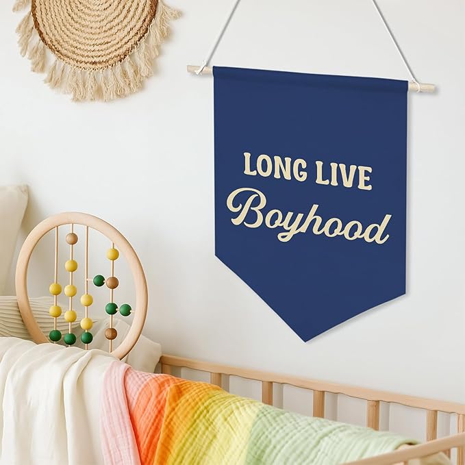 Long Live Boyhood Wall Banner – Vintage Navy Canvas Wall Hanging Poster for Boys Bedroom, Nursery, or Playroom Decor – Inspirational Quote Wall Art for Kids Room 11x16inch(KD30)