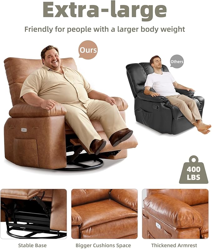 GarveeHome Oversized Power Rocker Swivel Recliner Chair - Heat and Massage, PU Leather Electric Glider Rocking Chair with USB Port, Glider Recliner Nursery Chair for Living Room, Bedroom, Nursery