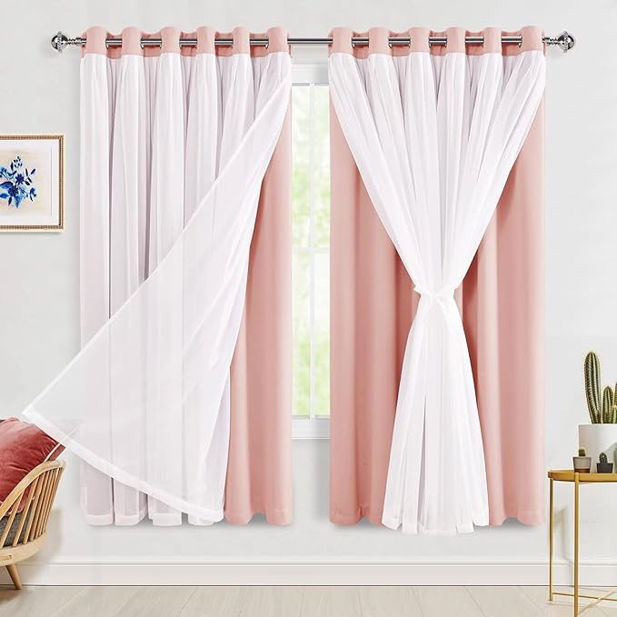 Hiasan Extra Wide Blackout Curtains with Sheer Overlay Thermal Insulated Double Layer Window Curtains for Bedroom Living Room, 2 Panels with Tiebacks, Blush Pink, 70W X 63L