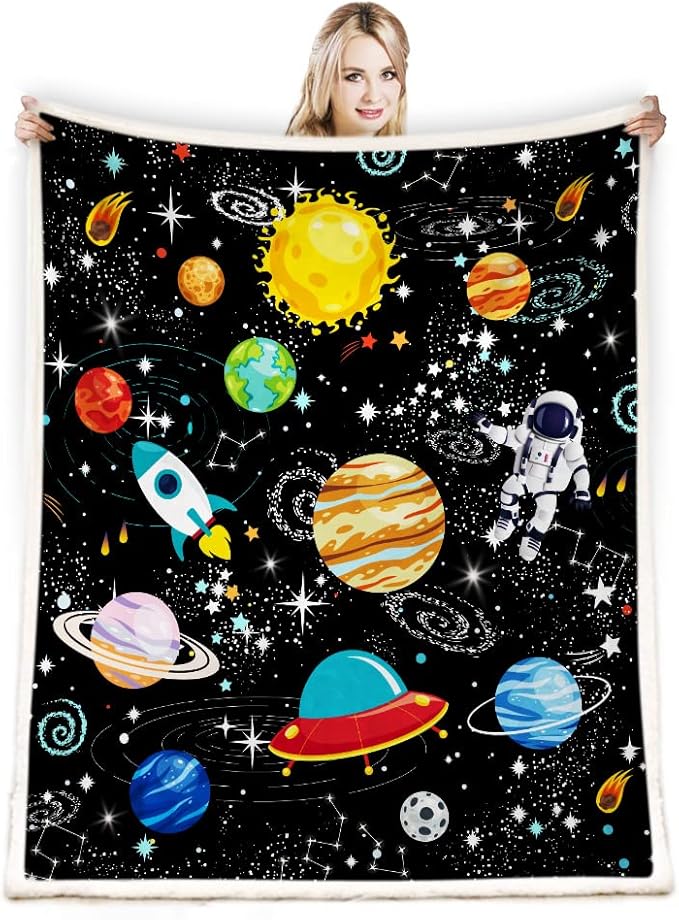 Outer Space Blanket for Boys - Constellation Solar System Fleece Ultra Soft Galaxy Rocket Planet Kids Gift for Birthday, Bed, Couch, Sofa, Living Room Decor