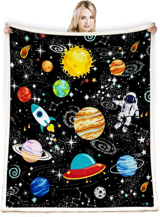 Outer Space Blanket for Boys - Constellation Solar System Fleece Ultra Soft Galaxy Rocket Planet Kids Gift for Birthday, Bed, Couch, Sofa, Living Room Decor