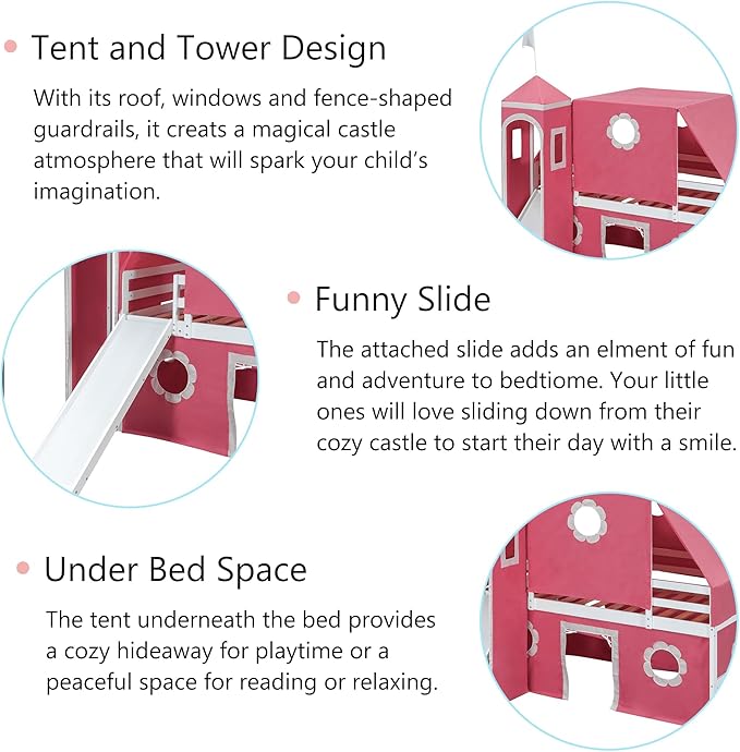 Polibi Castle Loft Bed with Slide & Tent and Tower, Playhouse Design Spacious Under Bed Space with Curtains, Wood Tent Bed Frame for Kids Boys Girls (Pink, Twin)