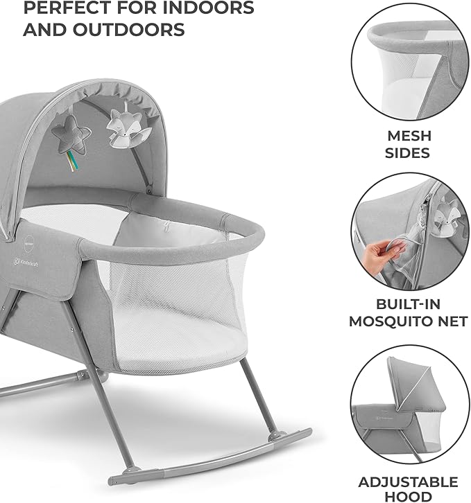 Kinderkraft LOVI Travel Bassinet for Baby, Portable Folding Baby Bed with Built-in Mosquito net, Adjustable Hood and an Additional Cradle Function, Grey