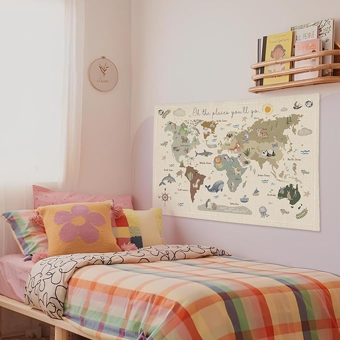 Wheatwin Playroom Decor, World Map Banner for Kids, World Maps for Wall, World Map Cute Animal Tapestry Wall Hanging Banner Flag Decor for Kids Room Classroom Nursery Homeschool 20x30 (Updated)
