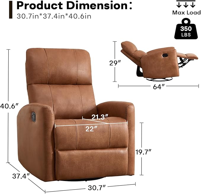 Swivel Rocker Recliner Chair, Manual Faux Leather Glider Rocking Recliners for Adults, 360° Swivel Nursery Reclining Sofa with Padded Backrest for Living Room, Dark Brown