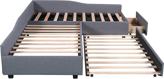 Bellemave L-Shape Platform Bed Twin Size Upholstered Daybed with Trundle and Storage Drawer Linen Corner Day Bed Frame for 3 Kids Boys Girls Teens, Gray