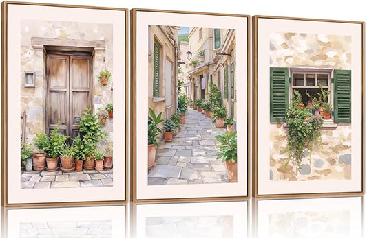 FWIEXA Italy Streets Travel Framed Wall Art Set, Green Botanical Wall Decor, Vintage Italian Style Countryside Villages Wall Print, Potted Plant Canvas Artworks, 3 Pieces Nature Landscape Painting for Bedroom, Office, Living Room