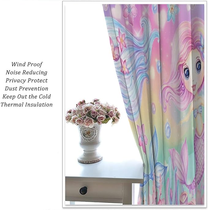 Cartoon Mermaid Kids Curtain Fantasy Ocean Theme Coral Flower Floral Window Treatment for Kids Girls Bedroom Nursery Room Decor Rod Pocket Blackout Window Drapes 72x63in
