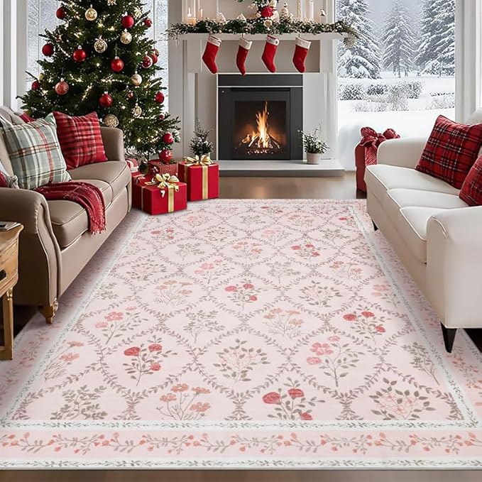 YIHOUSE Pink Floral Print Rugs, Moroccan Trellis 9x12 Washable Large Rug, Modern Pastel Non Slip Ultra-Thin Area Rug for Classroom, Nursery Playroom,Dorm,Bedroom,Living Room, Pink Multi