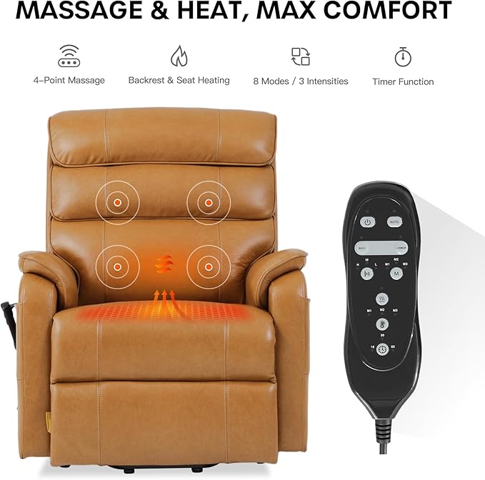 DYNOX 400 LBS Big & Tall Power Lift Recliner Chair for Elderly, Oversized Wide Dual Motor Lay Flat Infinite Positions Recliner with Heat, Massage & USB Charging Port (9298W,Genuine Leather,Camel)