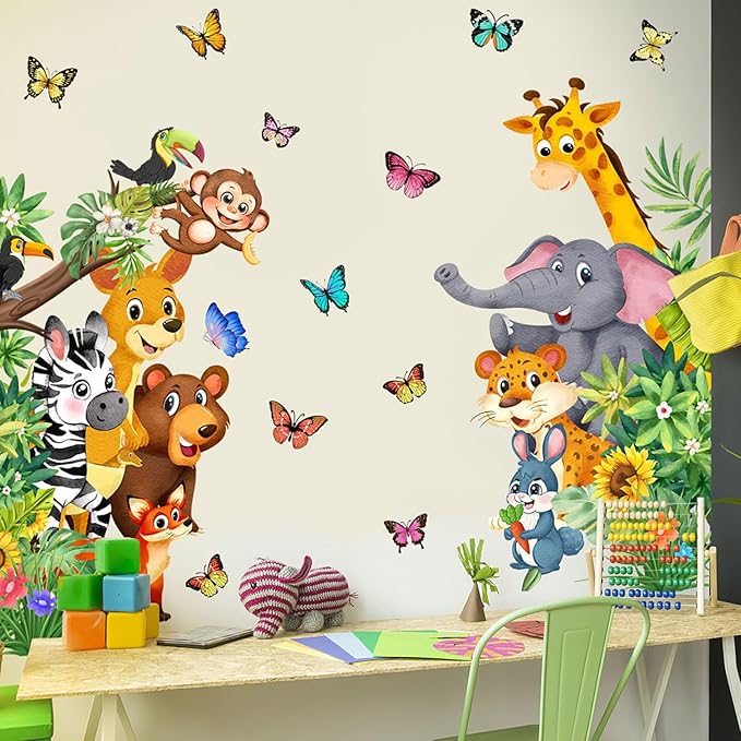 Jungle Forest Animals Wall Decals Animal Door Sticker Removable Reusable Peel Stick Elephant Lion Zebra Giraffe Safari Mural Art Nursery Kids Room Baby Bedroom Playroom Daycare Living Room