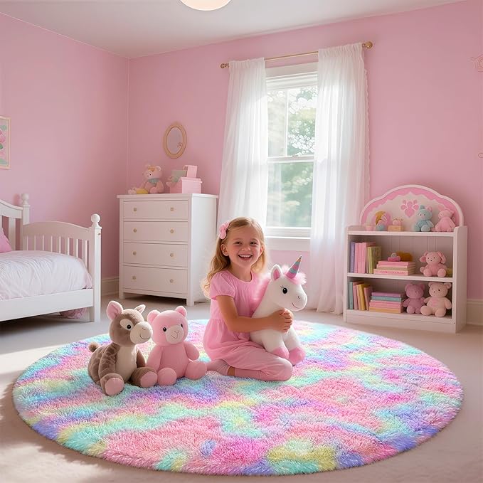 Rainbow Round Rug for Bedroom, 4Ft Fluffy Circle Area Rugs for Living Room, Shag Fuzzy Carpet for Kids Room, Nursery, Dorm, Classroom, Teen, Cute Baby Play Mat Home Decor Aesthetic