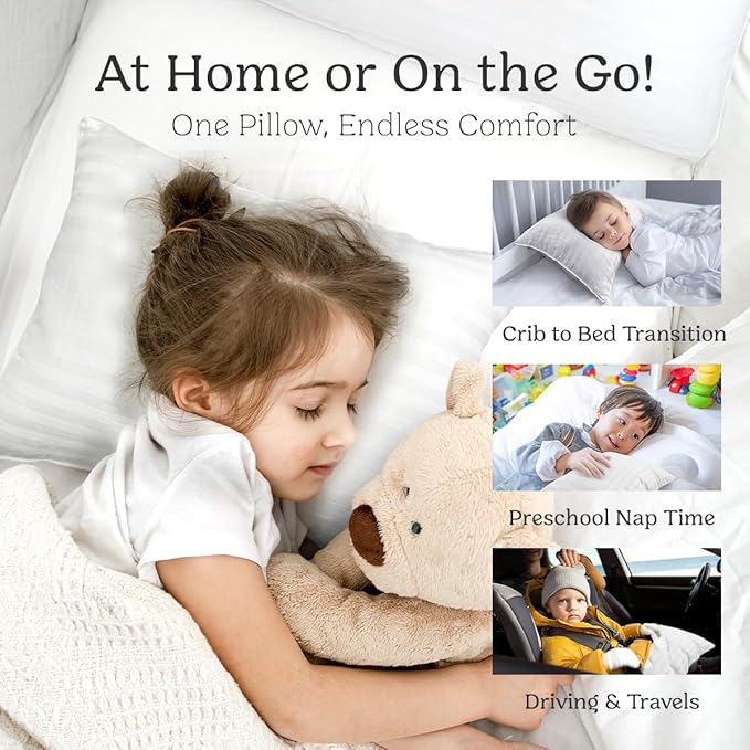 Toddler Pillow and Pillowcase 13x18 inches, Organic Cotton - Perfect for Toddlers 2-5 Years - Ideal for Toddler Travel Bed, Toddler Bedding Set, Kids Travel Pillow and Machine Washable