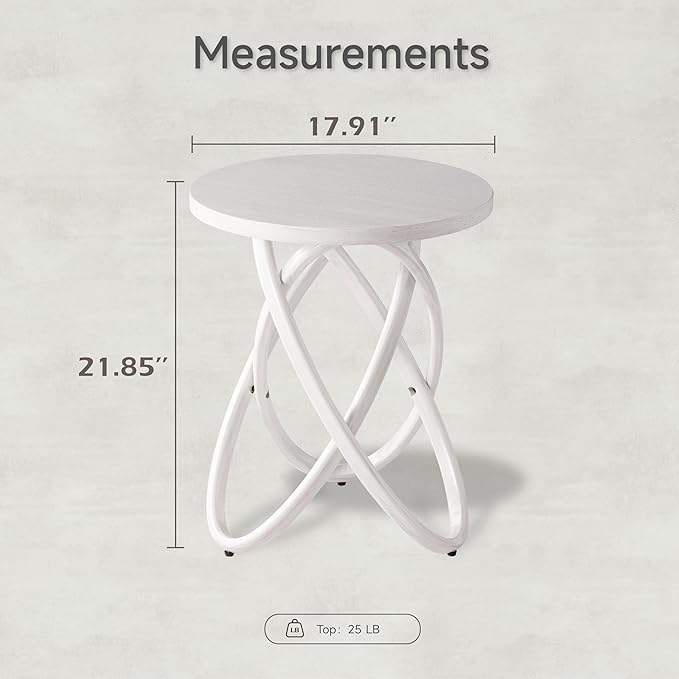 COZAYH Round End Table Farmhouse Wood Side Table Rustic Plant Stand with Intertwined Line Design for Living Room, Office, White