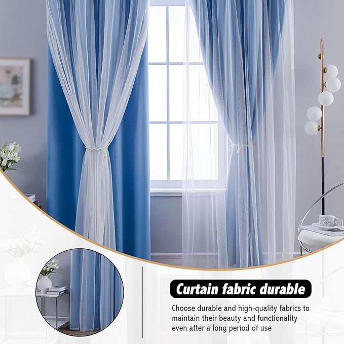 Anytime Home Curtains Blackout and Sheer Layered Solid Window Curtain Panel Pair with Grommet Top, 52Wx95L, Blue