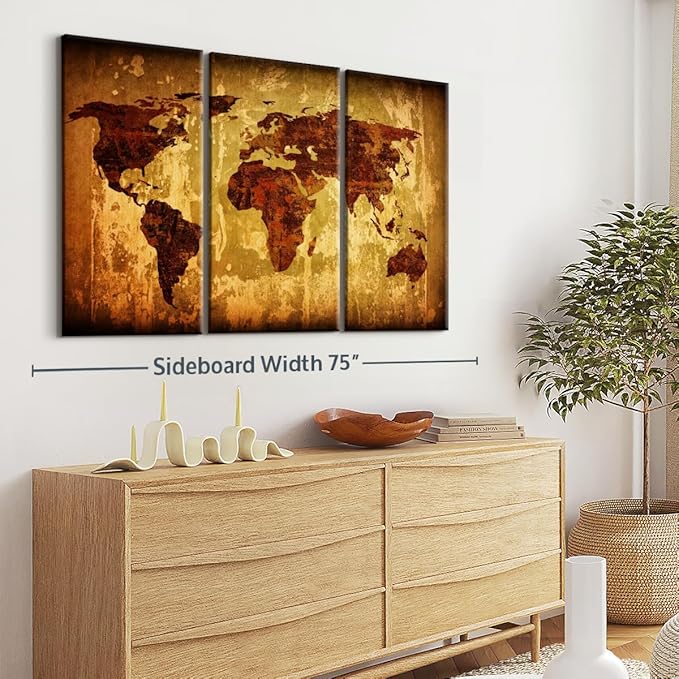 ElephantStock Vintage World Map Wall Art Multi Piece Canvas - 3 Piece Canvas World Map Wall Decor - Ready-to-Hang Print - Vintage Wall Art - 65" X 42"