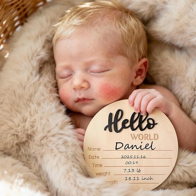 Baby Announcement Sign with Pen, 5.9 Inch Wooden Hello World Newborn Sign for Hospital, 3D Birth Announcement Board, Welcome Baby Name Signs for Nursery, Newborn Gift for Boy & Girl,Black